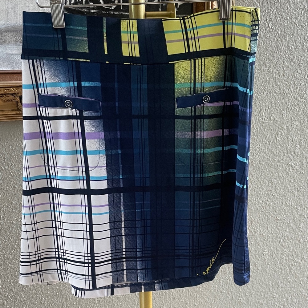 jamie sadock Navy Plaid Mini Skirt with Yellow and Aqua Accents